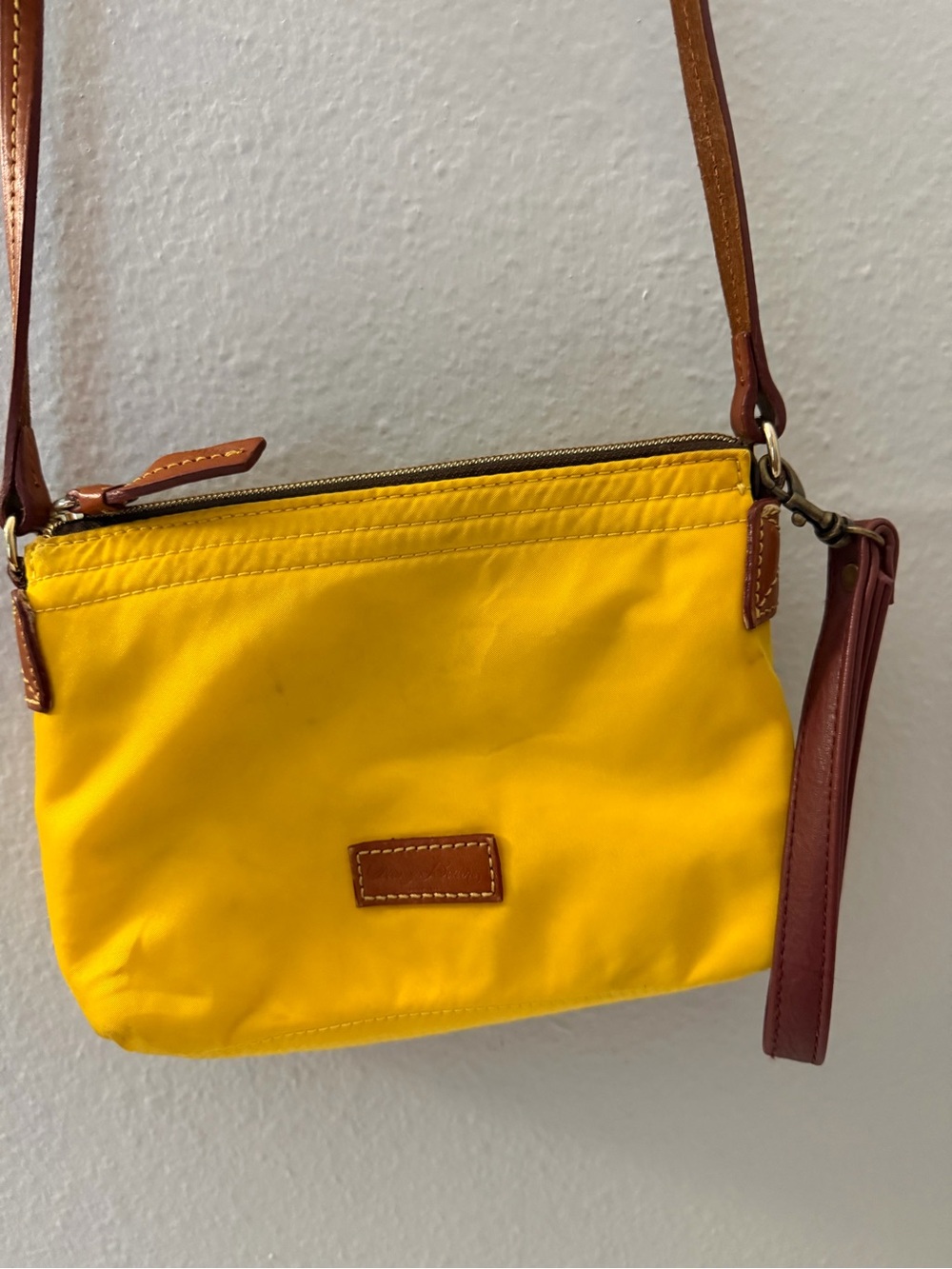 Bright Yellow Crossbody Wristlet with Brown Trim